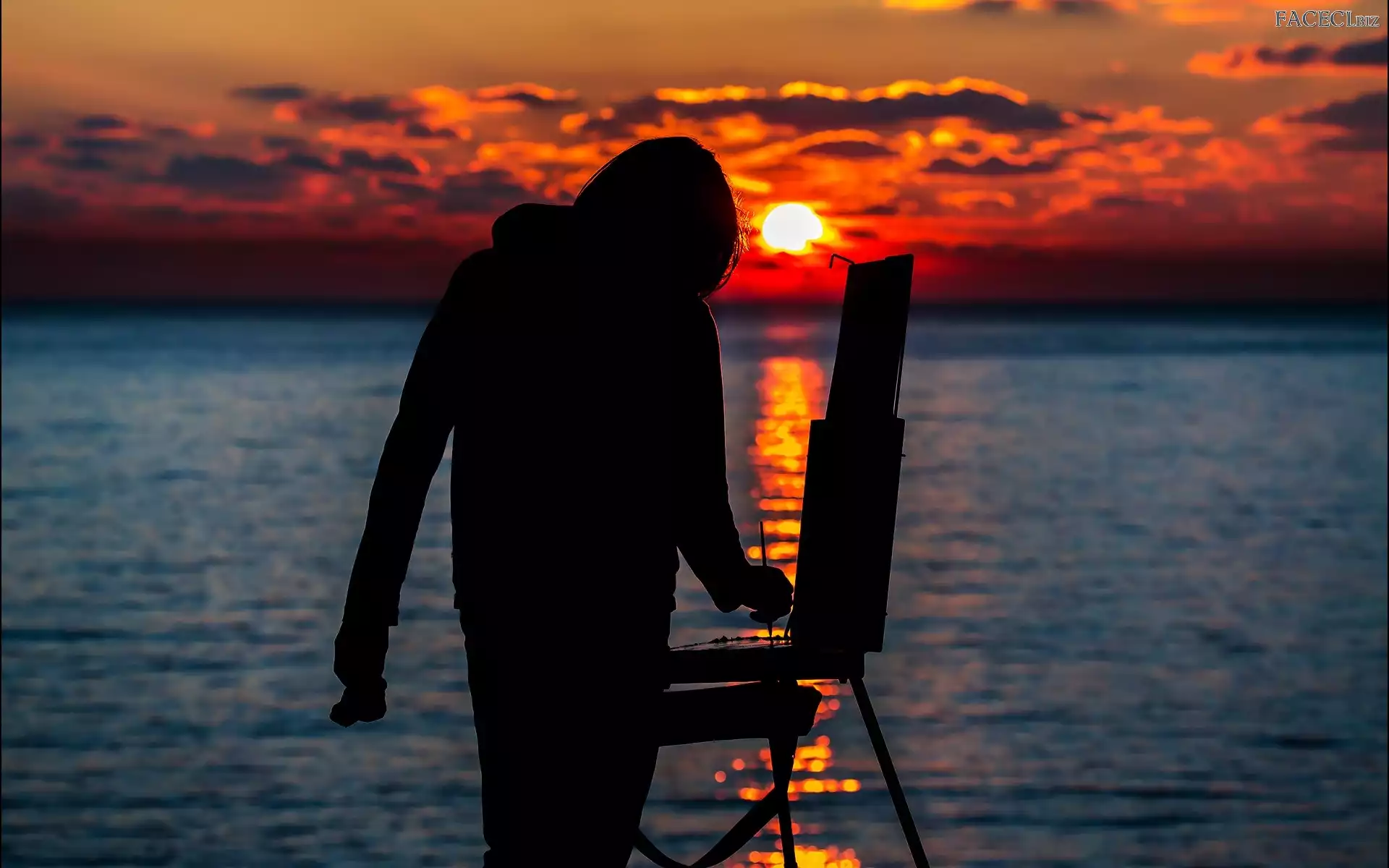 Zachód, Malarz, Morze, Słońca
